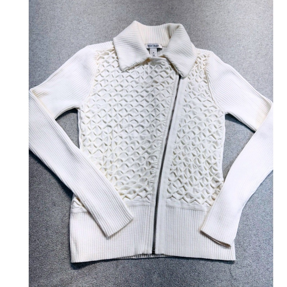 White House Black Market Moto Cardigan Womens M Cream Lattice Zip Sweater Chic